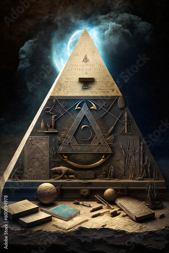 Pyramid with astrology and esoteric symbols on it. Esoteric, ancient wisdom or freemasonry concept composition. Created with Generative AI technology. photo