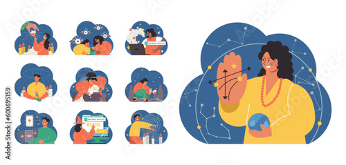 Occultism set. Character performing witchcraft rituals, sorcery and magic