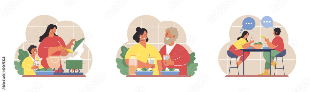 People cooking and eating healthy food set. Family following diet recipes People cooking and eating healthy food set. Family following diet recipes