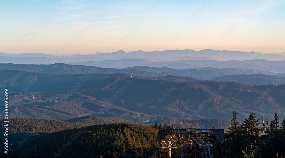 View to Mala Fatra mountains from Lysa hora hill in Moravskoslezske Beskydy mountains druring sunset