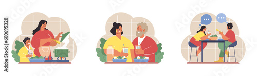 People cooking and eating healthy food set. Family following diet recipes