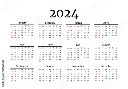 Calendar for 2024 isolated on a white background