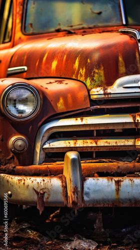 Old vintage disheveled old pickup truck decaying cracked  rusted.  Ai generative