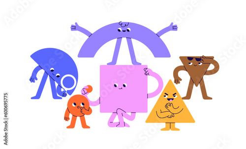 Cute geometric shapes team. Geometry figures with faces. Funny childish characters, humanoid elements. Abstract society community concept. Flat graphic vector illustration isolated on white background