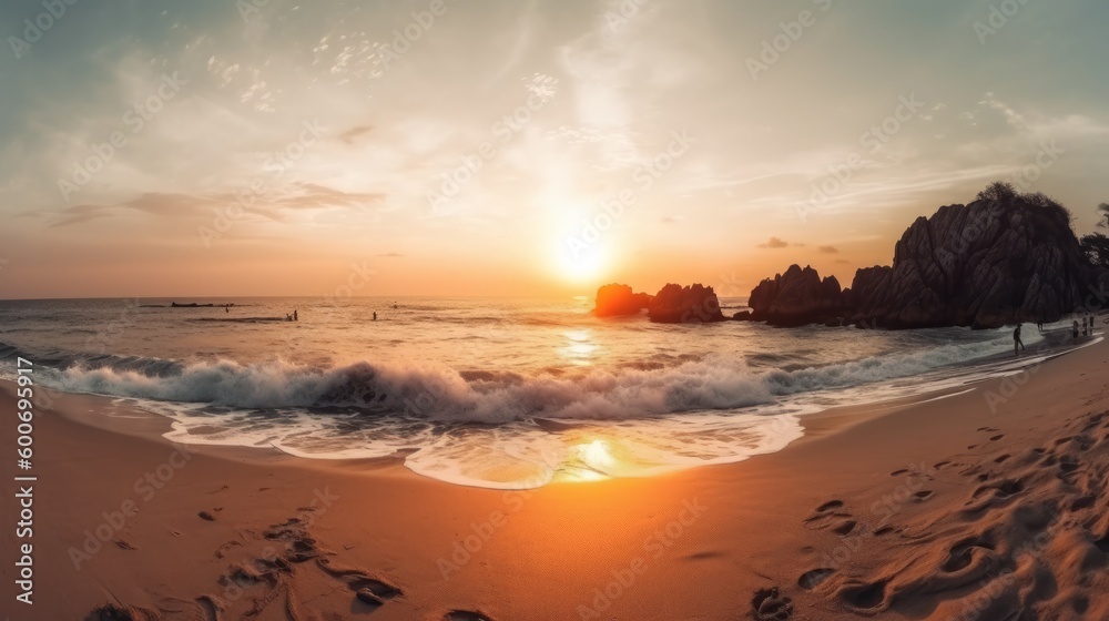 Panoramic view of the ocean and beach. With beautiful sunset. AI generative.