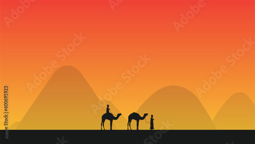 illustration of people going through the desert on a camel in silhouette design