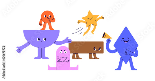 Cute geometric shapes community, company with leader. Team communication, rel...