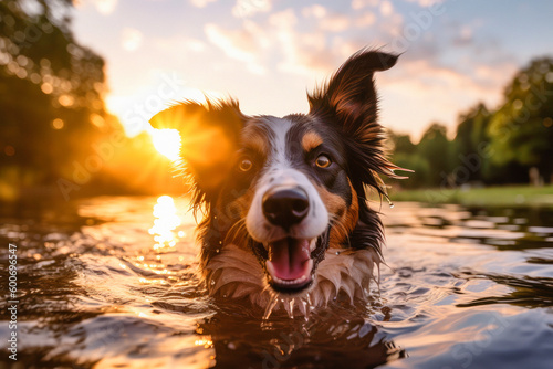 border collie dog  in a water, lake. Ai generative © ZoomTeam