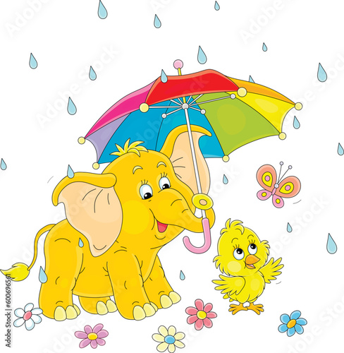 Little baby elephant and merry yellow chick with a small butterfly hiding under a toy umbrella in a summer rain among colorful flowers, vector illustration isolated on a white background