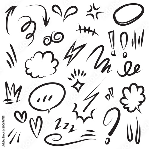 Vector set of hand-drawn cute cartoony expression sign doodle line stroke. movement drawing, curve directional arrows, emoticon effects design elements, cartoon character emotion symbols,