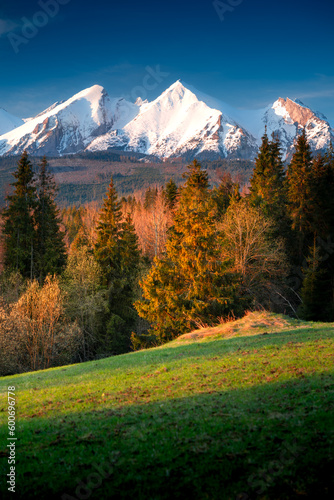 View of the Tatra peaks from Łapszanka. Podhale, Poland. Golden hour in the countryside with beautiful scenery. Spring in Poland.