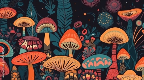 Psychedelic colorful pattern, decorative mushroom. Abstract background. AI generative.