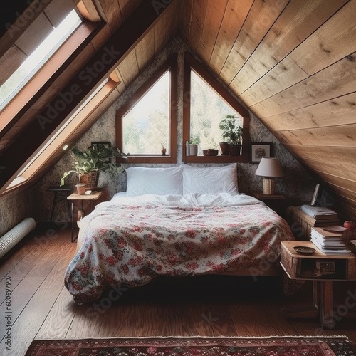 Cozy attic bedroom. Generate Ai