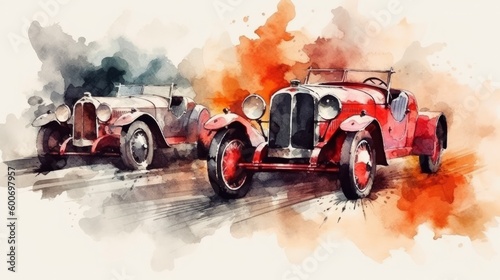 Retro car race in watercolor style. AI generative.