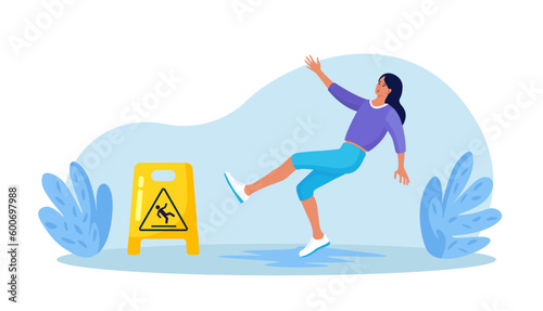 Slip Wet Floor. Inconsiderate Woman in Casual Clothes Slips in Puddle and Downfall. Injured Character Stumbling and Falling near Yellow Caution Danger Sign