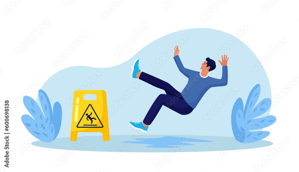 Slip Wet Floor. Inconsiderate Man in Casual Clothes Slips in Puddle and Downfall. Injured Character Stumbling and Falling near Yellow Caution Danger Sign - obrazy, fototapety, plakaty 