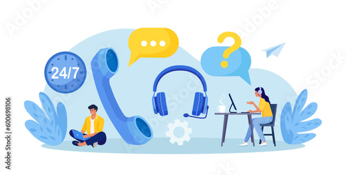 Customer Service Agent with Headsets Talking with Client. Technical Global Support, Assistance, Call Center. Contact Us. Hotline. Satisfaction and Loyalty. Customers care