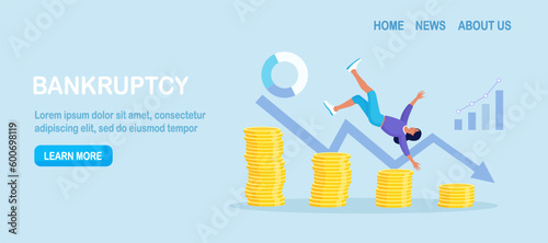 Bankruptcy, inflation. Global financial crisis, business failure. Woman losing profits, falling with arrow down. Business person upset about unpaid loan debt, recession, economy problems