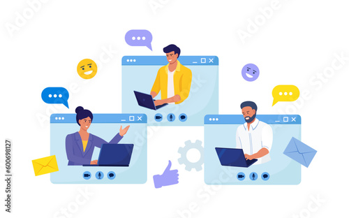 Online Discussion and Video Conference. People Connecting Together, Learning or Meeting Online with Teleconference. Businessmen on Web Page Talking with Colleagues, Employees or Friends