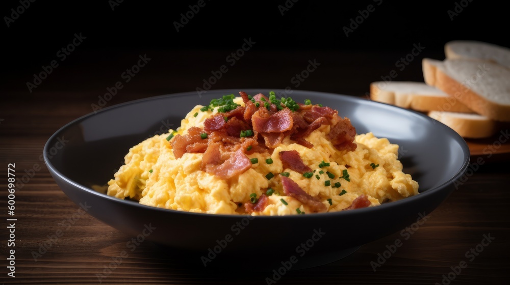 Scrambled eggs mixed with crispy bacon. AI generative. Scrambled eggs mixed with crispy bacon. AI generative.