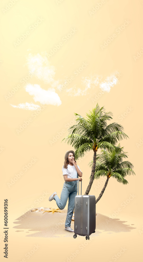 Asian woman with a hat and suitcase standing on the beach