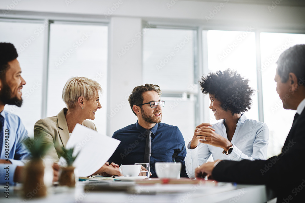 Business people, team meeting and planning with company contract and deal with conversation. Staff, communication and paperwork with a businessman with diversity coworkers working on a job strategy - obrazy, fototapety, plakaty 