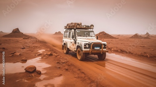 A rugged four-wheel-drive vehicle powers through challenging terrain  carrying humanitarian aid and supplies to those in crisis. AI-Generated