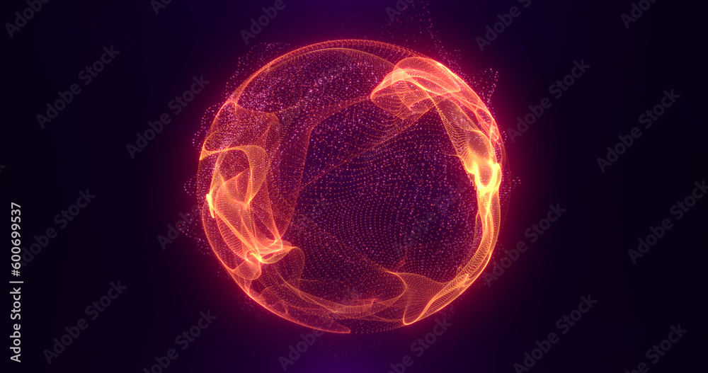 Fototapeta premium Abstract orange fire energy sphere of particles and waves of magical glowing on a dark background