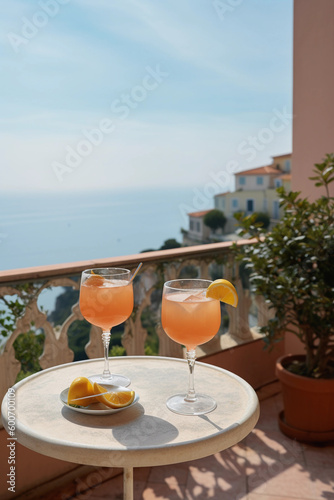 Two glasses of pink cocktails on a table with a view of the sea in the background. Generative AI photo