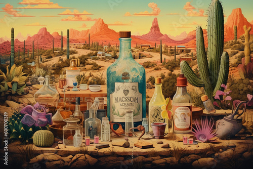 A painting of a bottle of mascaria in the desert. AI generation © Tatiana