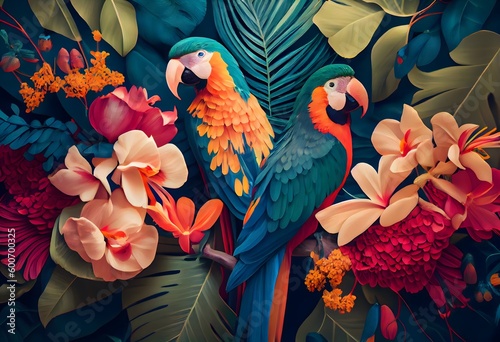 Fotografie, Tablou Colorful tropical design with parrots and flowers ,