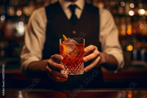 A bartender holding a Negroni Sbagliato cocktail in front of a bar counter AI generation photo