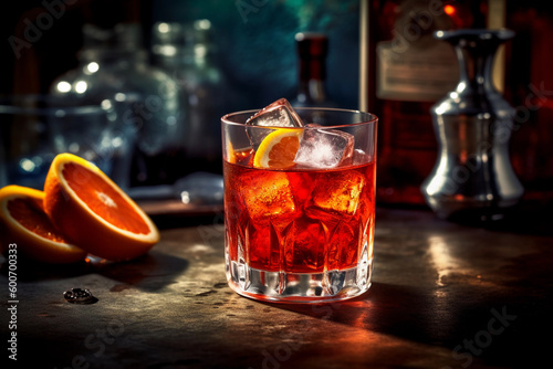 A Negroni Sbagliato cocktail with ice cubes on a bar counter AI generation photo