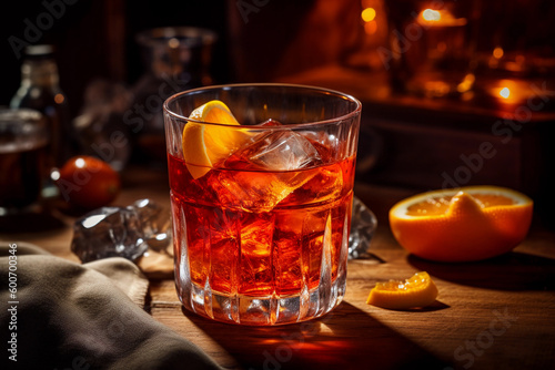 A glass of Negroni Sbagliato red cocktail with ice and lemons on a wooden table AI generation
