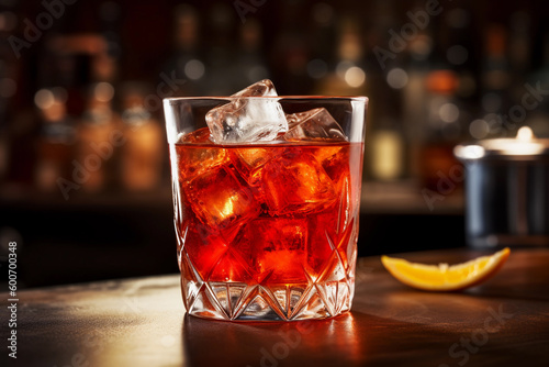 A glass of Negroni Sbagliato liqueur with ice cubes on a bar counter AI generation