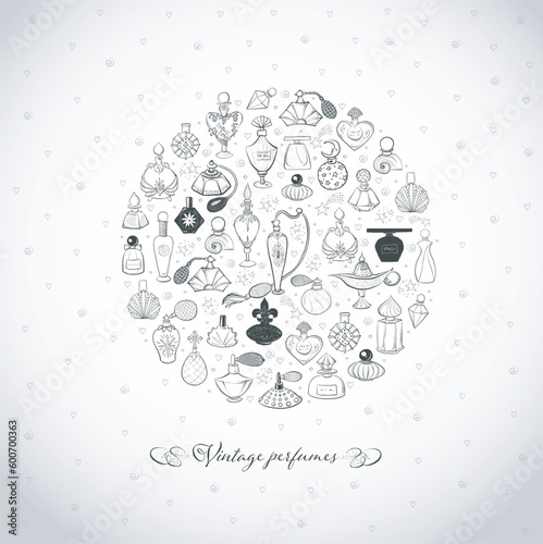 Doodle perfume bottles in circle on white background. Vector sketch illustration