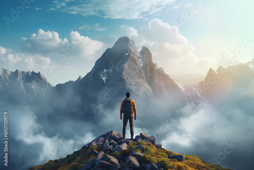 A young man looking at a big beautiful mountain that he is going to climb, inspiring, highly detailed detail. Mountain sport. risk. action. made with ai