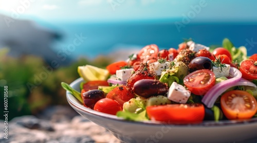 Nahaufnahme eines k  stlichen griechischen Salates an einem hei  en Sommertag in Griechenland vor verschwommen Meereshintergrund  Generative AI