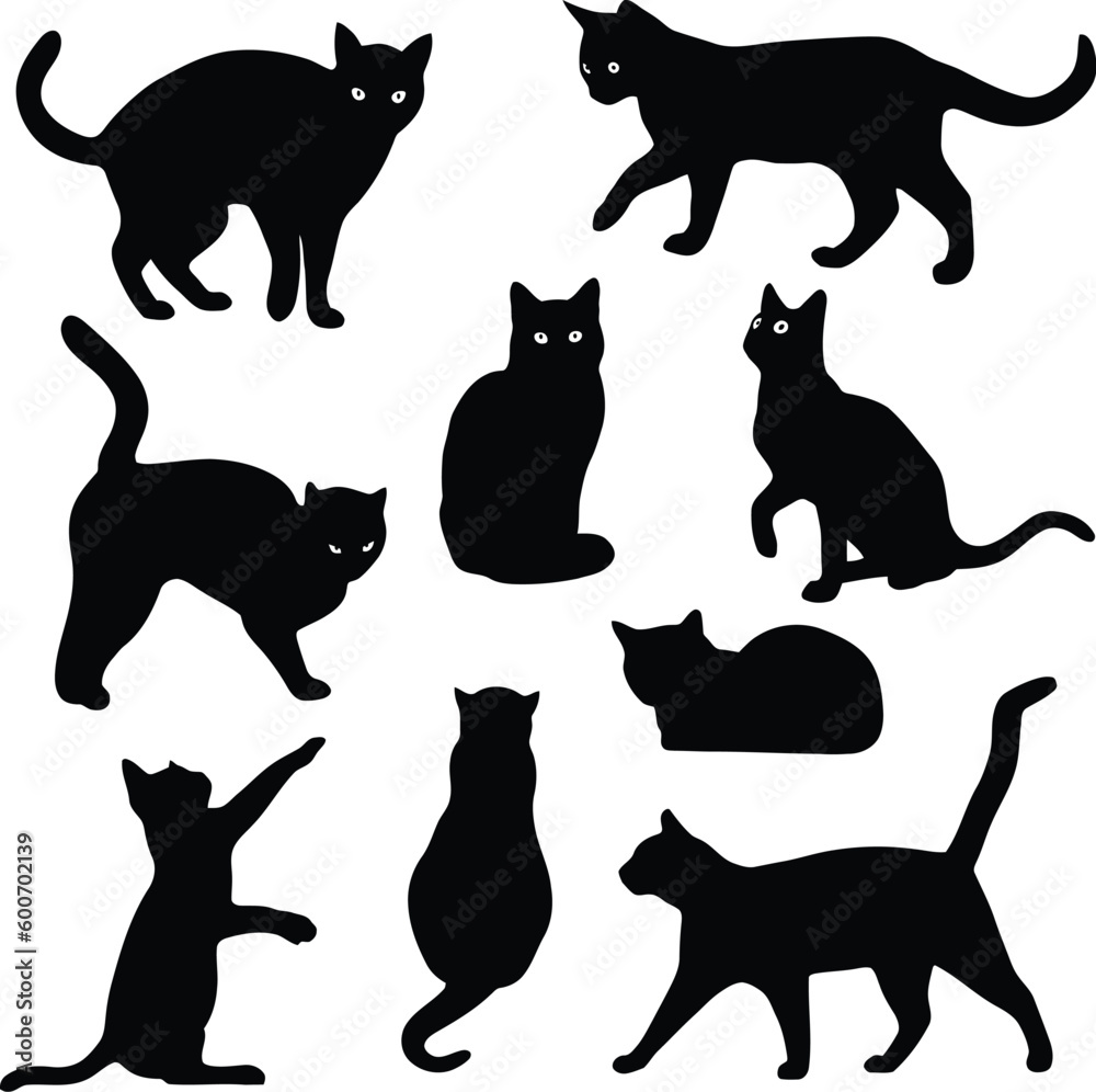 Pack of 9 Adorable Cat Silhouette Vector Graphics for Your Design