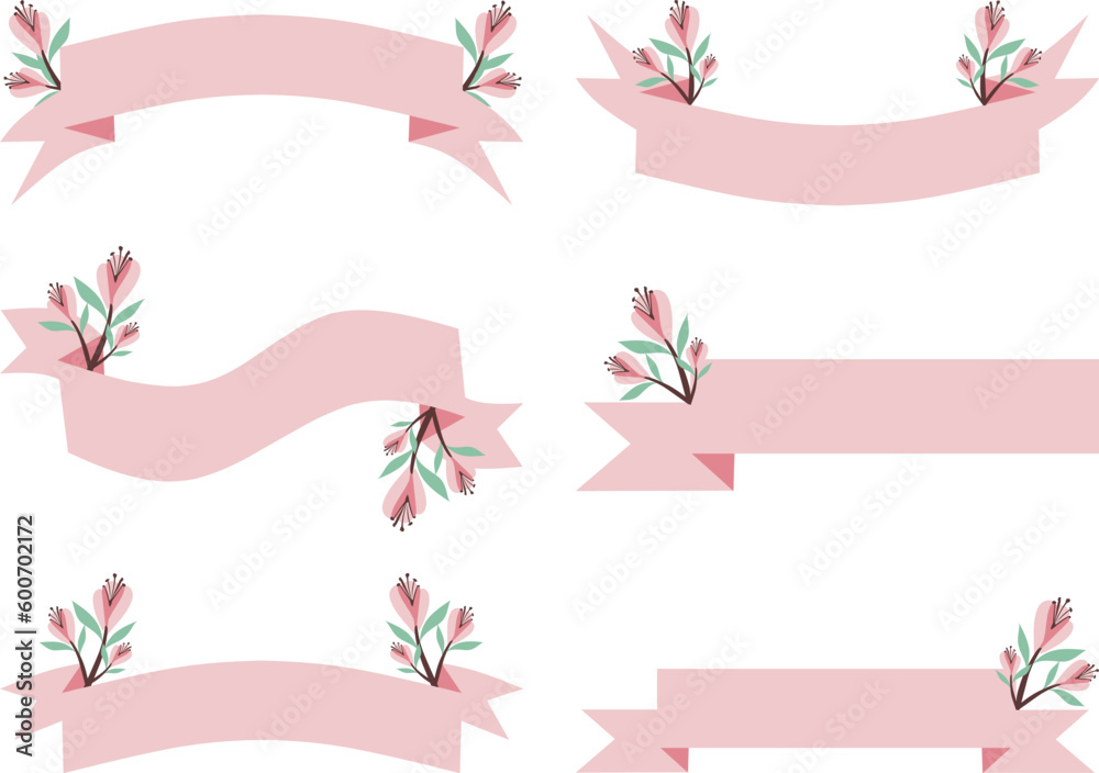 Fototapeta set of pink ribbons with flowers and leafs vector illustration design