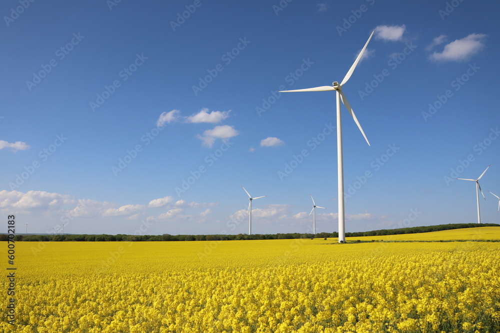 wind turbine in rape yellow field on a sunny spring day in dobrogea, romania wind turbine in rape yellow field on a sunny spring day in dobrogea, romania