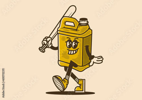 Mascot character design of a petrol jerry can holding a baseball stick
