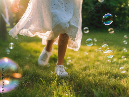 A close up of giant bubbles, blurred background of a child's bokeh legs wearing white clothes and running around on the lawn. AI generative