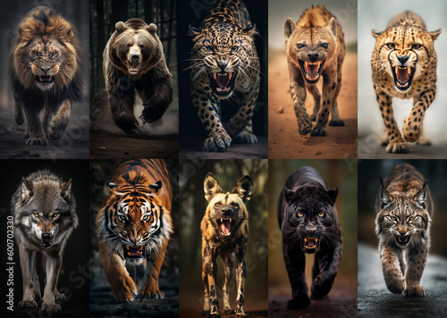 Fototapeta Naklejka Na Ścianę i Meble -  Set of scary closeup portraits with angry wild animals AI generated