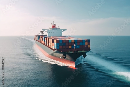 Big transport ship with containers with goods on the open sea generative ai photo