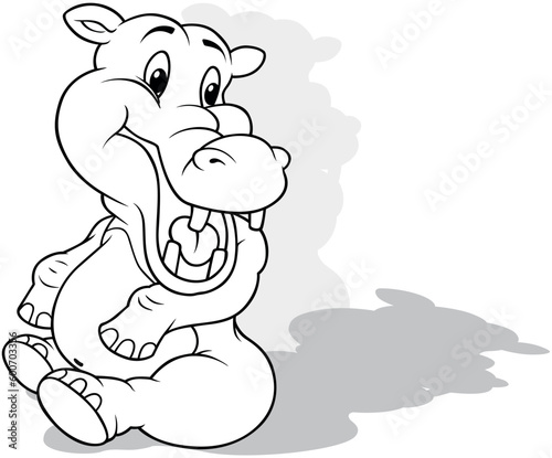 Drawing of a Laughing Hippo Sitting on the Ground with its Head Turned