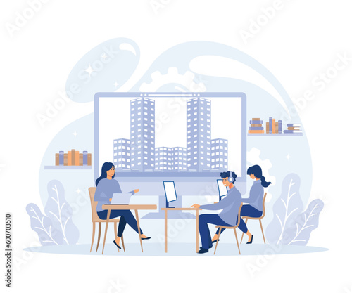 Real estate broker, Couple meeting broker in office, visiting real estate firm, realtor showing a house to customers, acquiring mortgage, flat vector modern illustration