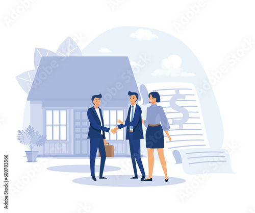 Real estate broker, Couple meeting broker in office, visiting real estate firm, realtor showing a house to customers, acquiring mortgage, flat vector modern illustration