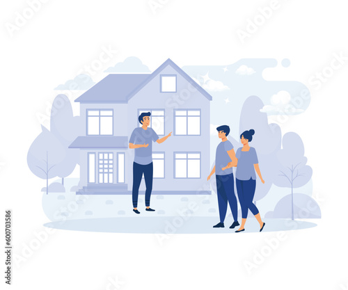 Real estate broker, Couple meeting broker in office, visiting real estate firm, realtor showing a house to customers, acquiring mortgage, flat vector modern illustration