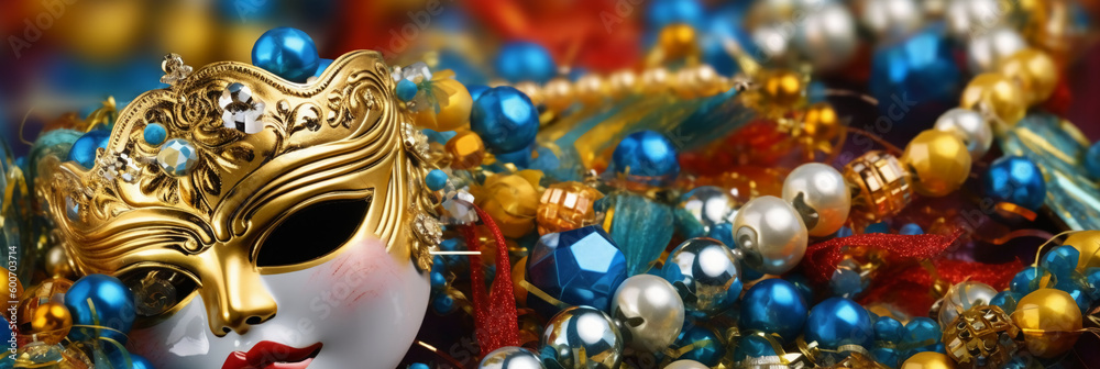 Venetian carnival mask and beads decoration. Mardi gras background. AI generative Venetian carnival mask and beads decoration. Mardi gras background. AI generative